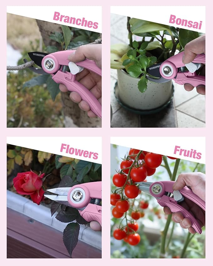 WORKPRO 2-Pack 6.9" Garden Pruning Shears, Bypass & Straight Gardening Scissors with SK5 Steel Blade, Handheld Garden Floral Clippers for Rose, Plants, Flowers, Gardening Gifts for Women, Pink Ribbon