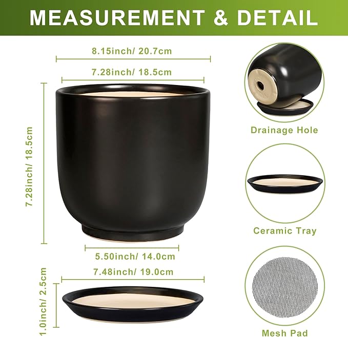 Ceramic Flower Pot 8 Inch - Modern Round Planter for Indoor Outdoor Plants with Drainage Hole and Saucer, Home House Room Office Patio Decor, Black