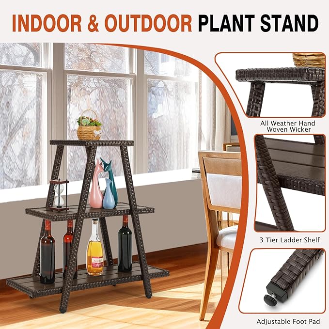 Outdoor Plant Stand for Patio 3 Tier Plant Stand Shelf with Wicker Poly Lumber Flower Stand Holder Tiered Multi Ladders Plant Holder Display Rack with Adjustable Feet for Outside Balcony Porch Brown