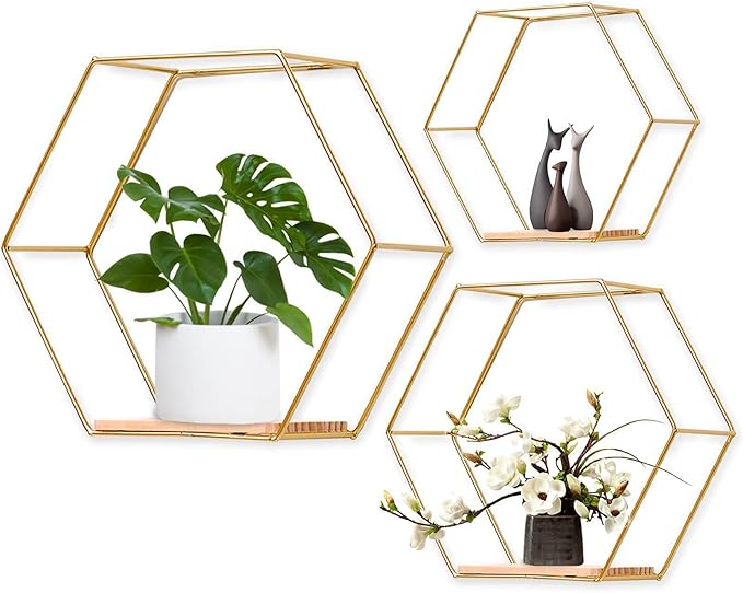 5 Pieces Hexagon Iron Wall Shelves Storage Rack Living Room Geometric Kitchen Bedroom Organizer for Mini Planter Displaying, Golden