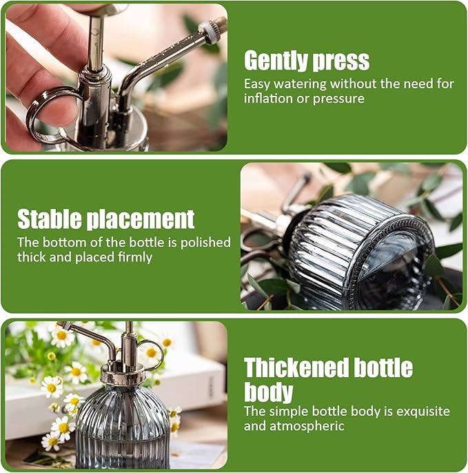 Vintage Green Pumpkin-Shaped 3x6 Glass Plant Mister, Fine Mist Spray Bottle with Handle for Indoor Plants, Succulents & Gardening