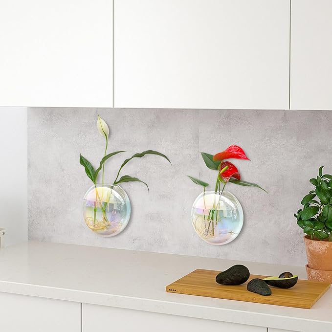 Kingbuy Wall Hanging Glass Planters Propagation Station - 4 Pack Iridescent Oblate Globe Flower Vases for Air Plants, Glass Terrariums with Floating Holders, Boho Indoor Hydroponic Home Office Decor