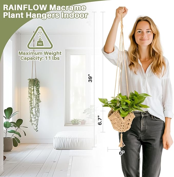 RAINFLOW Macrame Plant Hangers Indoor - 2 Packs Hanging Planters for Indoor Plants Boho Plant Hangers Hanging Plant Holder for Boho Home Decor Made of Jute with 2 Hooks