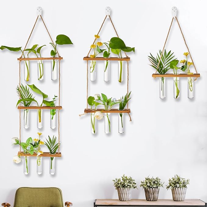 Leumoi 3 Pcs Wall Hanging Plant Propagation Station with Wooden Stand, 18 Glass Test Tubes, 1/2/3 Tiered Planters for Hydroponic Cuttings, Indoor Wall Decor, Office Home Garden Gift