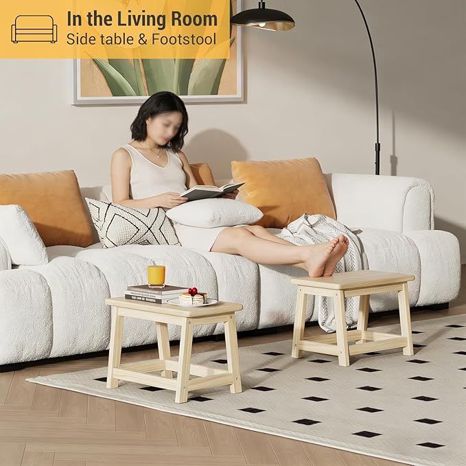 Wooden Step Stool, Foot Stool, Shoe Bench, Small Side End Table, Small Sofa Foot Stool for Bathroom Living Room Bedroom Kitchen Entryway Modern Sturdy 16.5x11x11.8inchs (Natural)