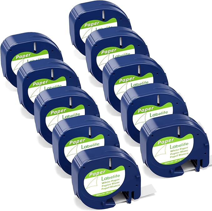 Labelife 10-Pack Label Maker Tape 91330 Compatible with Dymo LetraTag Refills White Paper 12mm x 4m 1/2" x 13' 10697 for Letra Tag LT-100T LT-100H Plus 200B Label Maker