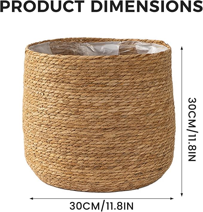 Woven Straw Flower Pot, 12 Inch Sea-Grass Planter Basket, Wicker Rattan Vase Sundries Organizers Storage Bins, Hand Woven Basket Planter with Plastics Liners and Handle for Indoor Outdoor Plant