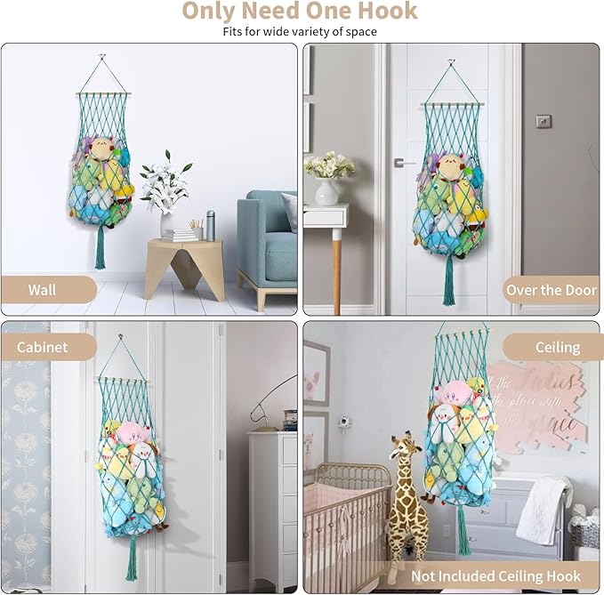 68 Inch Stuffed Animal Storage, Jumbo Macrame Stuffed Animal Hammock Corner, Wall Ceiling Hanging Toy Stuffy Hammock Plushie Net Display for Kids Boys Girls Nursery Decor (Aqua)