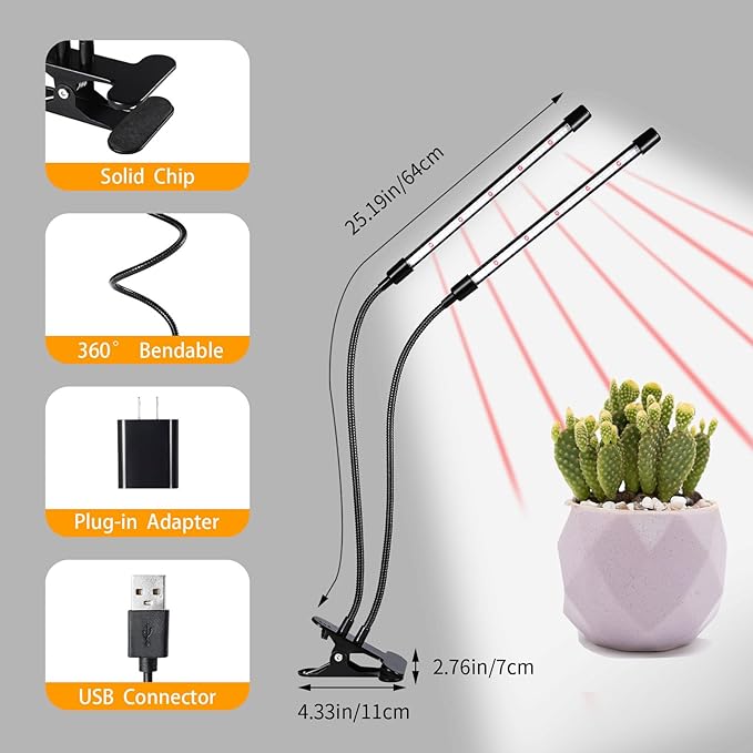 LED Clip-On Plant Growth Light - Auto On/Off Timer 4/8/12h - Dual Heads with Flexible Swan Necks - Full Spectrum LED - 3 Modes, 10 Dimmable Levels - Indoor Use for Seedlings, Succulents