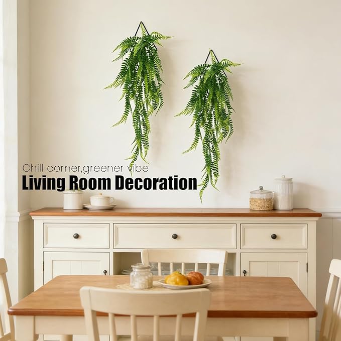 GREENTIME 2 Pack Artificial Boston Fern 28" Fake Hanging Plants with 9.8" Diamond Metal Planter UV Resistant No Maintenance Boho Wall Decor for Indoor Outdoor Bedroom Living Room Shelf