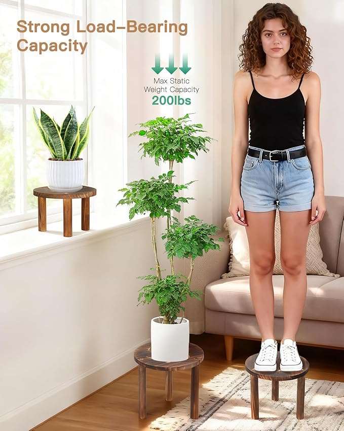 3-Pack Wooden Plant Stand Indoor, Mid Century Plant Stands for 6-11 Inch Pots, Modern Plant Stool for Large Plants, Heavy Duty Tall Plant Holder for Small Apartment Living Room Balcony Office