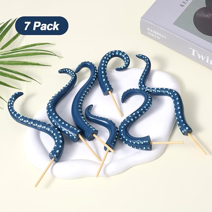 BOXOB 7pcs Octopus Tentacle Plant Stakes, Various Shapes Glow in The Dark Octopus Leg Stakes Evil Decorative Garden Stakes for Potted Plants Indoor Outdoor Decoration (Blue)