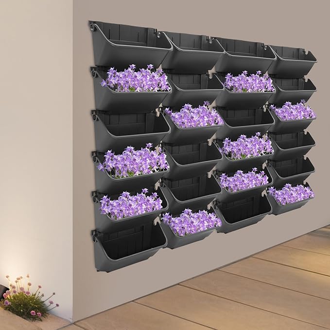 Bacocoo Vertical Garden Planter - 24 Pack, 13 inch Wall Mounted Planter for Patio Outdoor Decor, Home Green Plastic Pot Balcony Plant Vegetable Fruit Herb Hanging Pocket Holder Flowerpot. (Black)