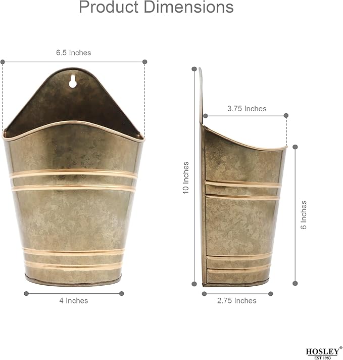 Hosley Set of 2 Zinc Finish Wall Planter with PVC Linner 6.25" L x 4" W x 10" H, Ideal Gift for Floral ArrangementsWedding Home Office Party DIY Indoor Outdoor Garden Patio