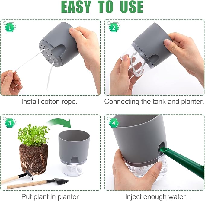 Aulock 6 pcs Self Watering Plant Pots - 4.1/3.2 in Plastic Planter with Drainage Holes, Flower Pots for African Violet, Mini Indoor Plants, Succulents, Herbs, Cactus, Basil, Grey
