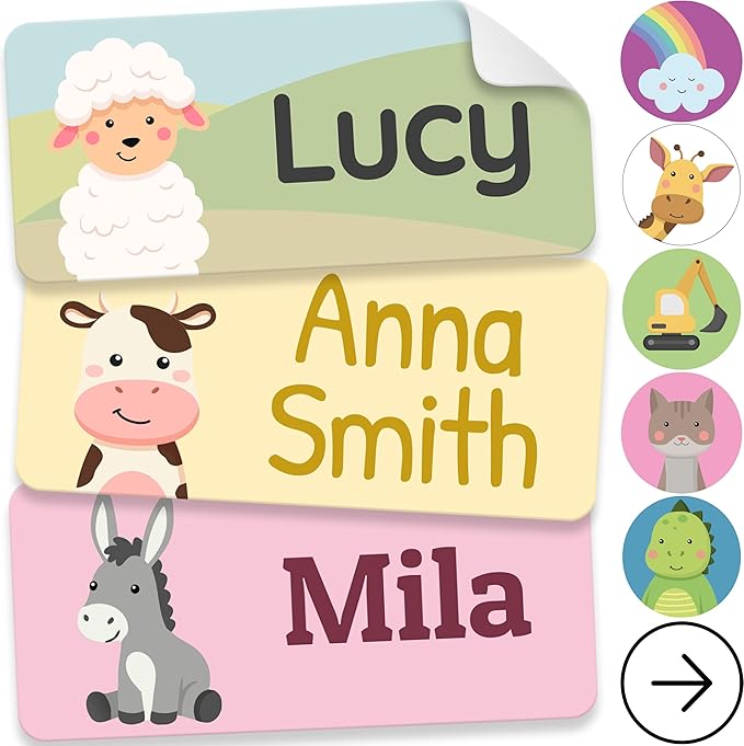 Personalized Name Labels for Kids (70 Labels) - Durable & Waterproof Custom Name Stickers for Clothing Tags, School Supplies, Camp & Daycare - Cozy Farm (1.2”x0.5”)