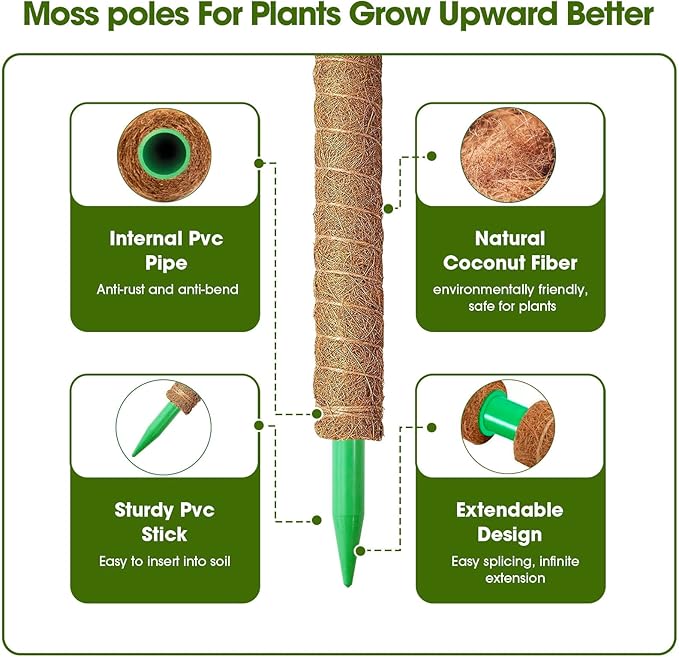 4 Pack 20 Inch Moss Poles, Stackable Moss Pole Monstera Plant Support, 66 Inch Tall Plant Stakes for Climbing Plants Indoor, Coir Plant Support Stick Stand for Potted Plants, Pothos, Philodendron