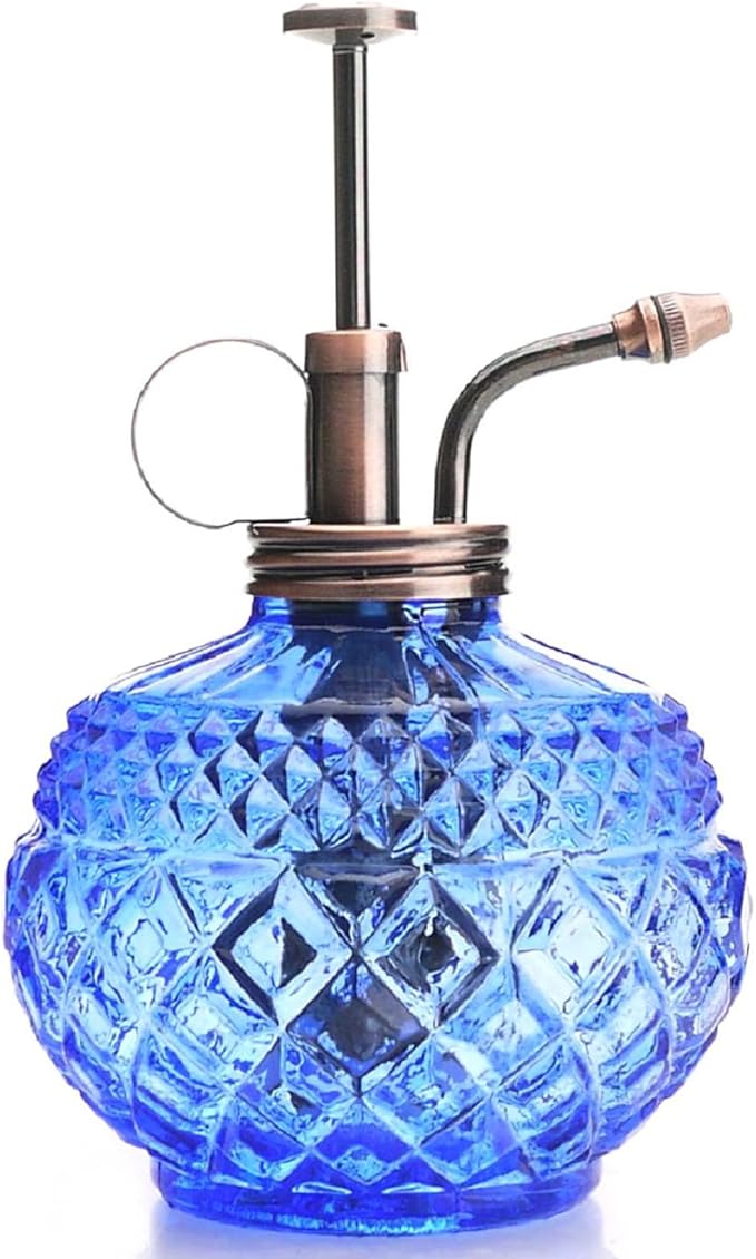 Plant Mister- Blue Color Glass Bottle & Brass Sprayer (Antique Copper)
