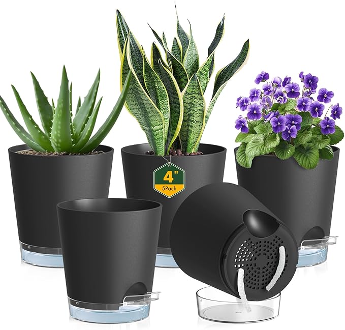 Meowell 4 inch Self Watering Pots for Indoor Plants, 5 Pack Small Flower Plant Pots with Drainage Holes and Clear Reservoirs, Visible Water Level, Plastic Planters with Wicking Rope, Black