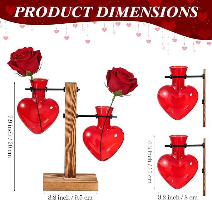 Remerry Red Heart Plant Terrarium with Wooden Stand 2 Heart Glass Vases Planter Propagation Station Tabletop Planter for Hydroponics Decor Plant Lover Gift