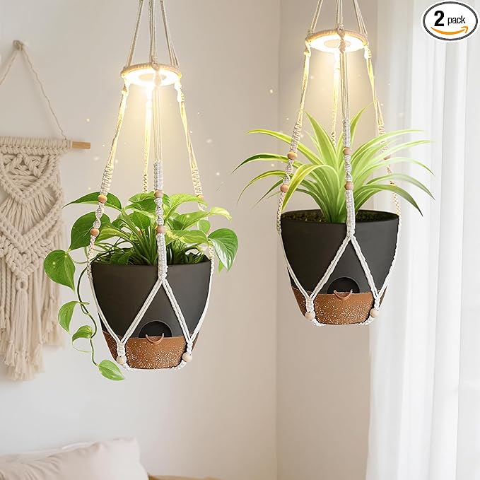 Hanging Planters for Indoor Plants: 2 Pack Macrame Plant Hangers with Grow Lights and Self-Watering Pots, Large Hanging Pots with Drainage Holes & Removable Tray（10in Black Pot, Daylight Spectrum）