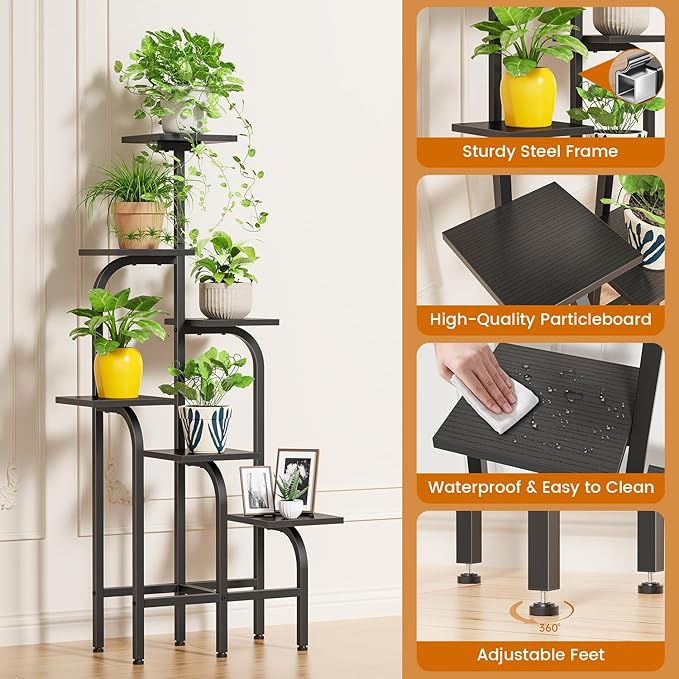 Asgolion 6 Tier Plant Stand Indoor, Plant Shelf for Multiple Plants, Flower Pot Holder Shelf, Planter Display Rack for Patio Garden Balcony Living Room Bedroom Decor, Black