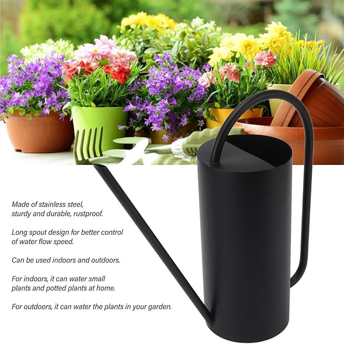 Plants Watering Can - 1500ml Large Capacity Stainless Steel Kettle for Indoor Outdoor Bonsai Plants and Garden - Long Spout Gardening Supplies (Black)