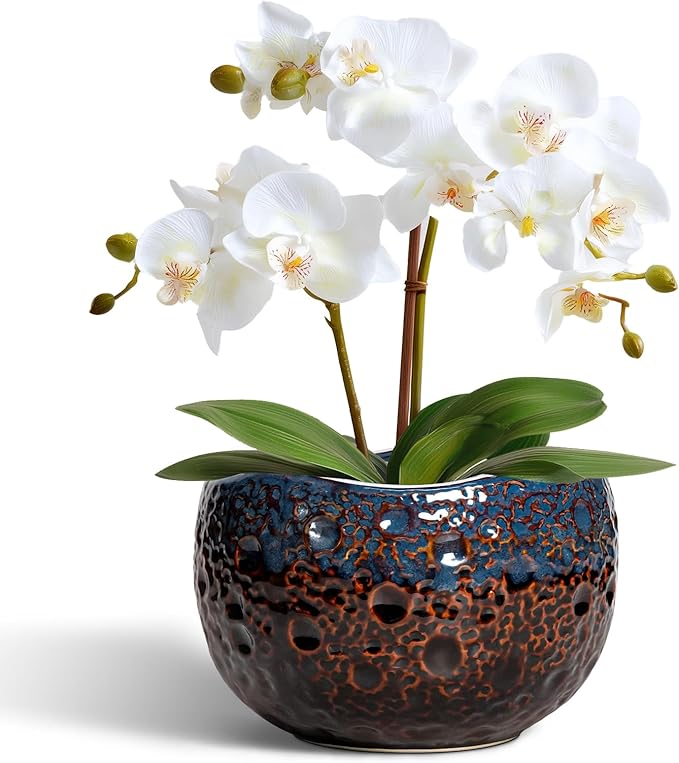 6 Inch Plant Pot - Ceramic Pots for Indoor Outdoor Plants, Round Decorative Planters with Drainage Hole and Plug, Unique Flower Pots, Home Office Decor, Gardening Gifts for Women, Brown-blue
