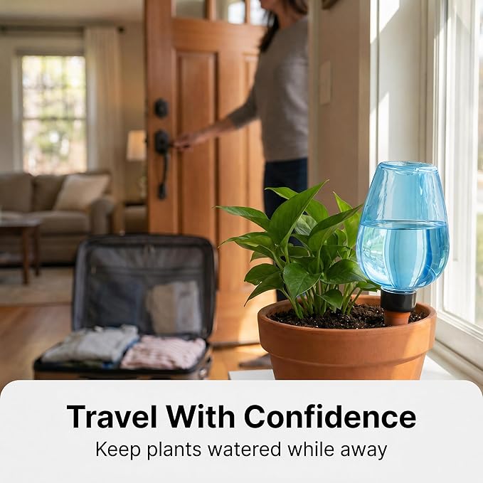 4 pcs Self Watering Globes for Indoor Plants - Top-Fill 11.8oz Blue Plant Watering Devices for Vacation, Plastic Watering Bulbs with Terracotta Spikes