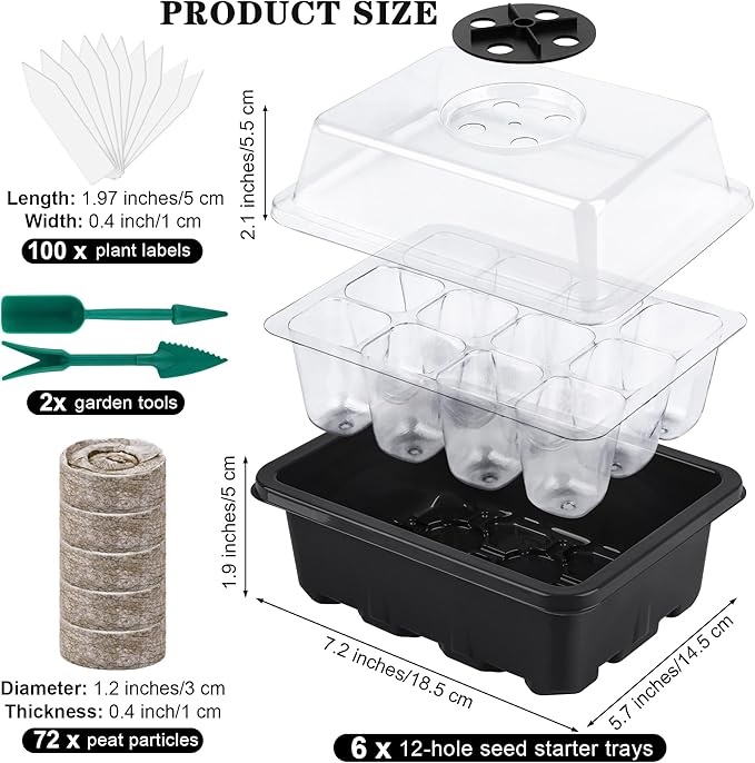 Hahood 6 Pack 12-Cells Seed Starter Tray Kit with Humidity Dome and Base, Germination Tray Including Peat Pellets, Plant Labels, Tool, Plastic Plant Seedling Starter Trays for Indoor Outdoor, Black