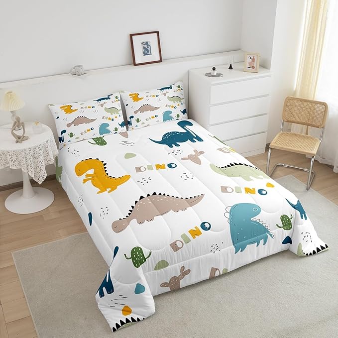 Feelyou Cute Dinosaur Comforter Set Cartoon Cactus Bedding Set Decor Jungle Dino Boho Succulent Comforter Wild Animal Pattern Yellow Grey Duvet Set Bedroom Quilt Set 3Pcs King