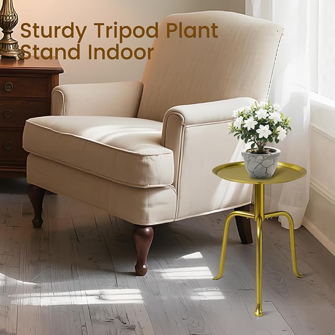 Plant Stand Indoor Outdoor, 11'' Round Gold Corner Single Plant Table, 3-Leg Small Metal Plant Holders Flower Pot Stand, Modern Corner Round Small Side End Table with Raised Design