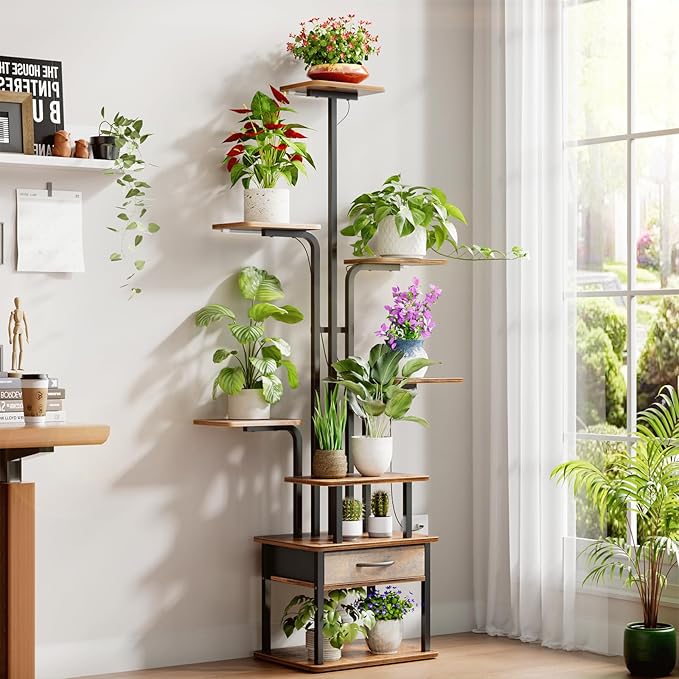 REFGY 8-Tier Tall Plant Stand with Grow Lights, Indoor Multi-Tiered Metal Plant Shelf with Large Storage Drawer, Heavy Duty Flower Pot Stand for Living Room, Bedroom, Balcony, Rustic Brown