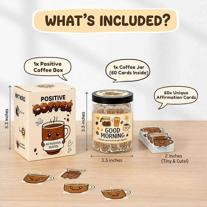 Positive Coffee Jar with 60 Affirmation Cards, Coffee Gifts For Women and Men, Dad, Mom, Coffee Themed Lover Gift, Emotional Support Latte, Cheer Up Funny Gag Gifts for Best Friends, Coworkers
