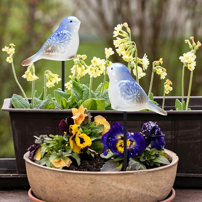 Sosation 2 Pcs Miniature Bird Decorative Stakes Ceramic Bird Figurines Cute Decorative Garden Stakes Mini Animal Garden Decoration for Fairy House Bonsai Indoor Outdoor Lawn Pathway Patio Ornaments