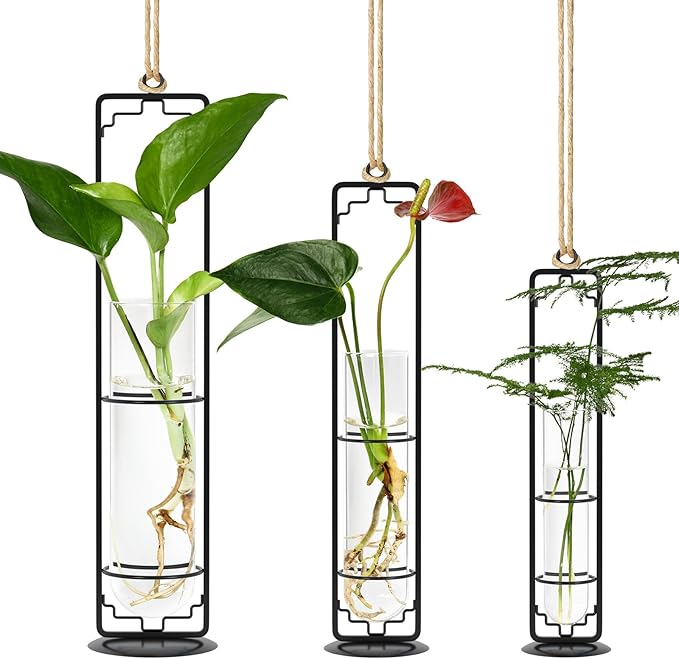 MIPON Metal Hanging Plant Propagation Station,3 Size Glass Test Tube Hydroponic Planter,Boho Wall Hanging Plant Cuttings Holder,Indoor Water Plant Terrarium Tubes for Home Office Window Decor-Black