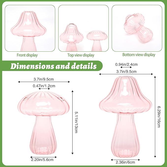 Mushroom Glass Vase Propagation Stations Flower Vases Home Decor Mushroom Planter Cute Vases Garden Decoration Set of 2