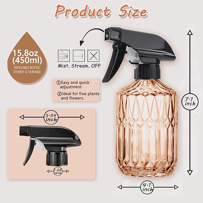 Glass Plant Mister Spray Bottle, 15oz Refillable Water Bottle Spray, Reusable Adjustable Nozzle Plant Mister Spray Bottles Indoor, Plant Mister for Hair, Cleaning, Gardening, Pets Care (Orange)