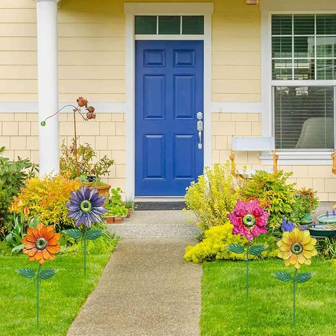 YEAHOME Garden Decor for Outside, 4 Pack 20'' Flower Garden Stakes for Spring Decor, Metal Flowers with Shaking Head Yard Art for Outdoor Lawn Patio Pathway Decorations