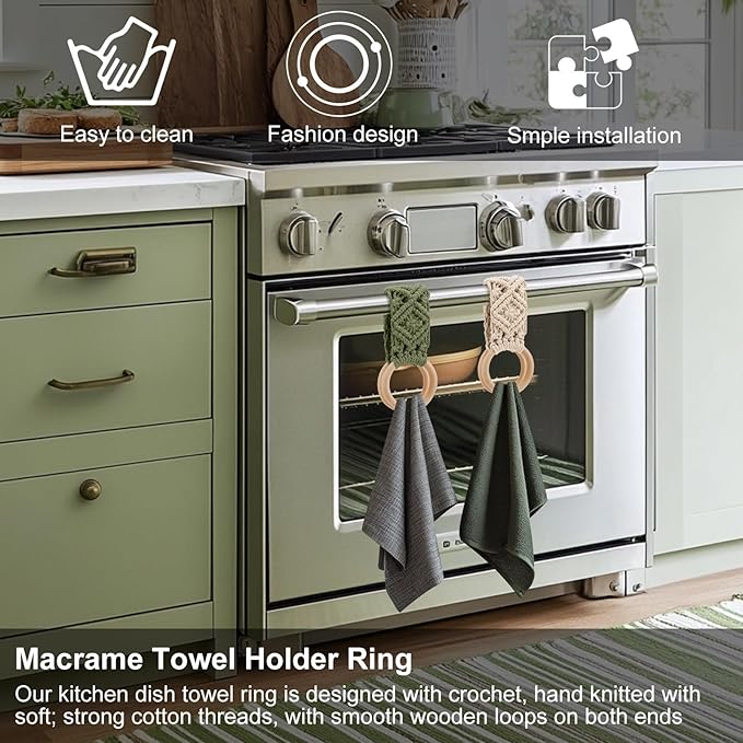Tioncy 4 Pcs Kitchen Dish Towel Holder Gifts for Mother Boho Handmade Crochet Hanging Towels Loop Ring Knit Towel Hanger for Cabinet House Oven Stove Door, 4 Colors(Sage Green)