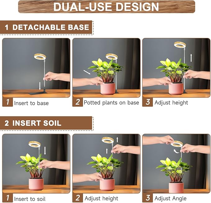 Aokrean Grow Lights for Indoor Plants, 48 LEDs Full Spectrum Plant Grow Light, Height Adjustable Faux Wood Grain Halo Plant Light with Base, 3 Optional Spectrums, Auto Timer 6/12/16Hrs, 5 Brightness