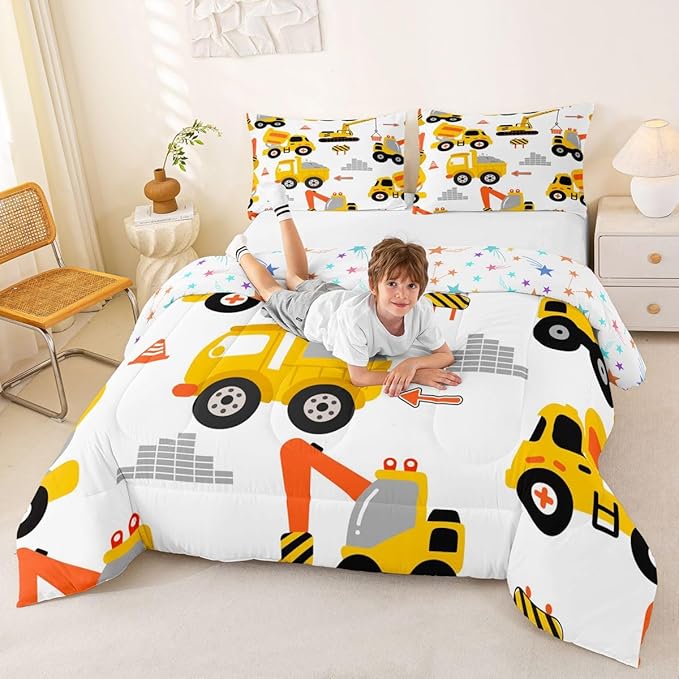 Feelyou Cartoon Car Comforter Set Kids Construction Comforter for Boys Equipment Trucks Bedding Set Breathable Cartoon Yellow Car Excavator Tractor Duvet Set Room Decor Quilt Set Full Size