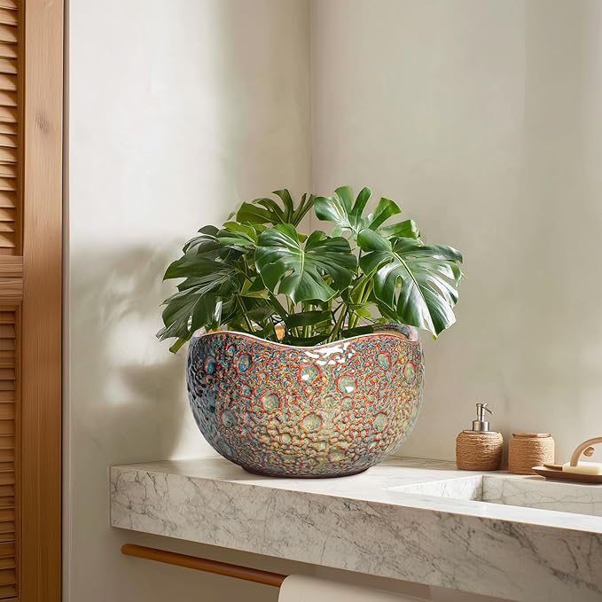 10 Inch Plant Pot - Ceramic Planter with Drainage Hole and Plug, Unique Round Planters for Indoor Outdoor Plants, Decorative Planters, Home Decor, Gardening Gifts for Women, Speckled-Brown