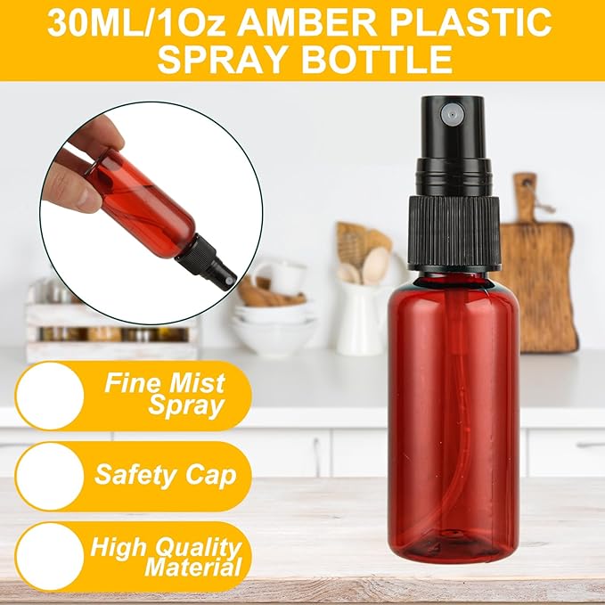 60PCS 1 oz Amber Spray Bottles Mini Spray Bottle Small Spray Bottle Plastic for Essential Oils, with Funnel & Stickers Refillable for Travel Cleaning Beauty