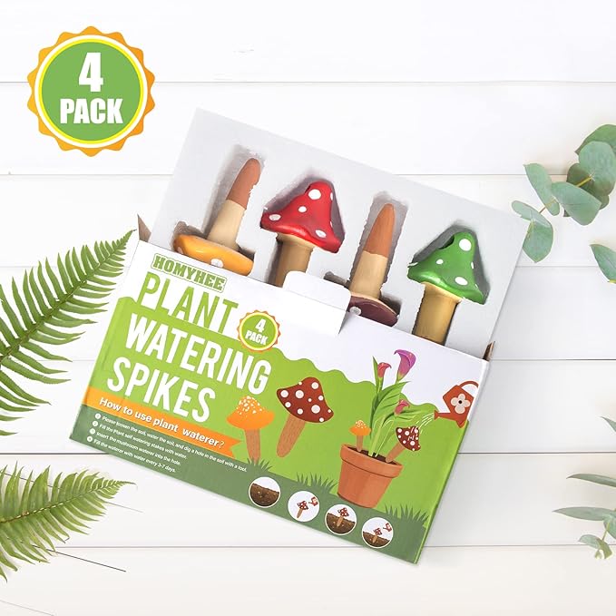 Self Watering Spikes Mushroom Shaped Plant Watering Globes Irrigation Terracotta Watering Device Garden Waterer for Indoor Outdoor Plant 4 Packs