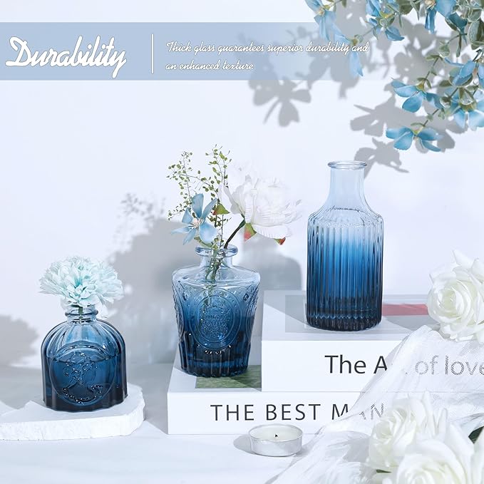TBWIND 24Pcs Blue Glass Bud Vases Set, Small Vases for Flowers, Perfect for Centerpieces at Parties, Baby Showers, Weddings, Events, Graduation Season, Great Gifts for Office & Home Décor