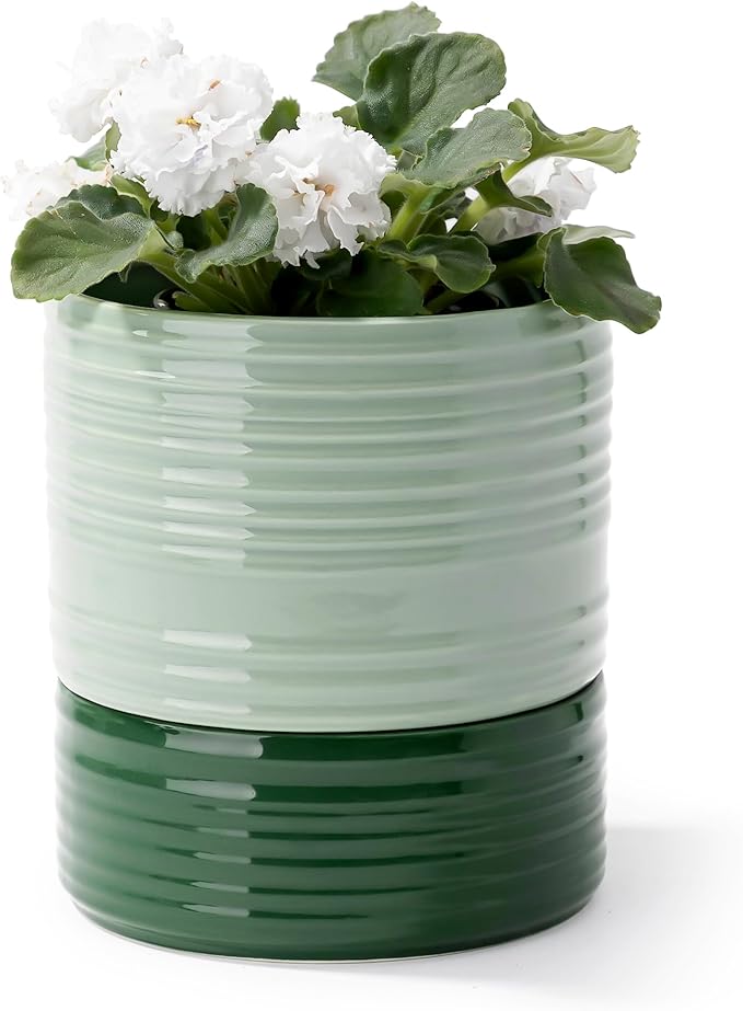 Fayoula Self Watering Pots for Indoor Plants, 6 Inch Ceramic Self Watering Plant Pot, Planter Pot with Wick Rope and Drainage Hole for African Violet Succulent Herbs (Green Light)