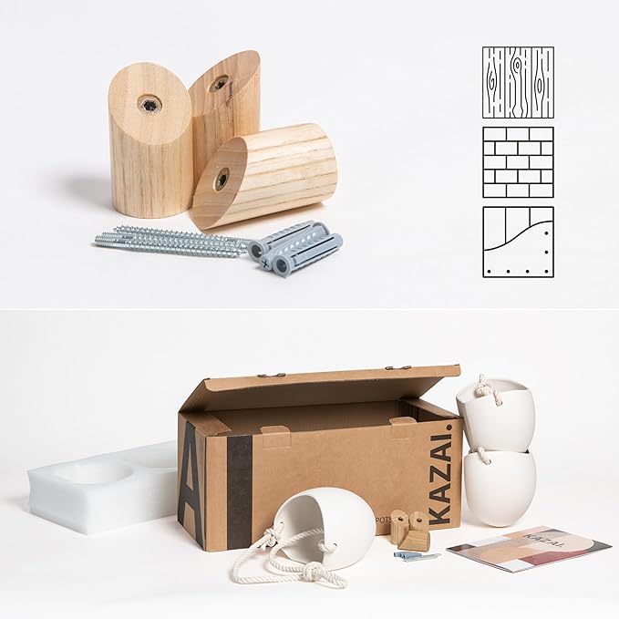 Kazai. Porcelain Wall Vases | 3 Piece Set | Including Wooden Hooks | Matte White