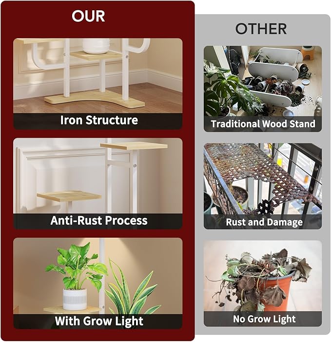 Homsorout Corner Plant Stand with Grow Light - 6 Tier Plant Stand Indoor Square Metal Plant Shelf with Adjustable Light, Plant Organizer for Living Room, Graden, Home Decor (Maple)