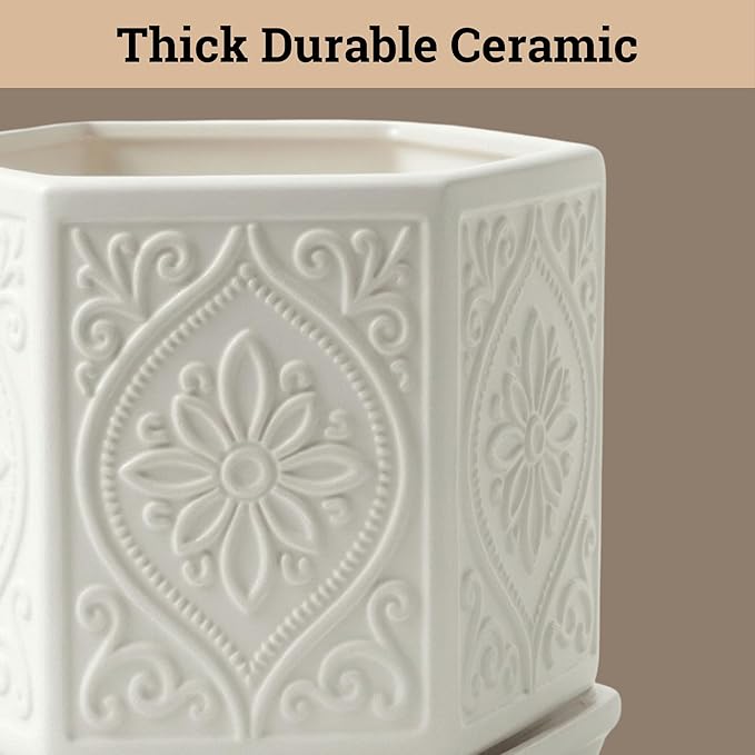 Ceramic Pots for Plants Set of 2 Sizes - 6 Inch and 4 Inch Wide Plant Pots Indoor with Drainage and Saucer - White Planters for Indoor Plants - Ceramic Planter Pot with Tray for Flowers & Houseplants